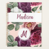 Elegante bordeauxrode bloemen trendy monogram planner (Voorkant)