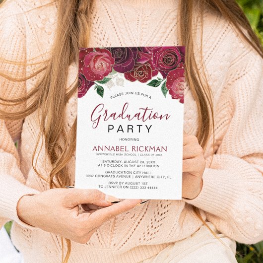 Elegante bordeauxrode bloemengraduatefeest kaart
