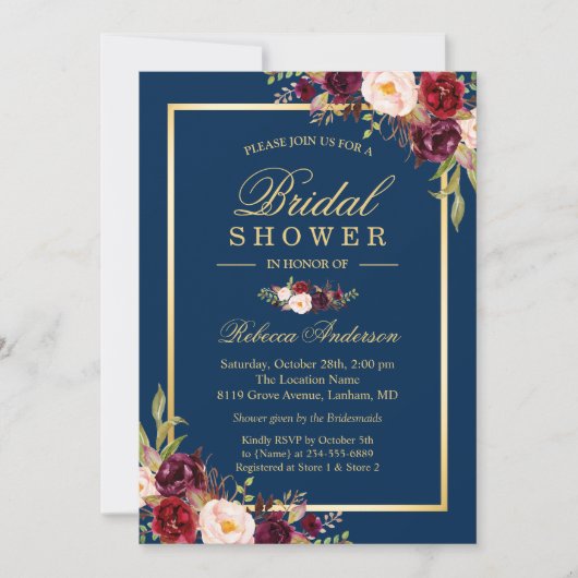Elegante bordeauxrode bloemnavyblauwe bruidsdouche kaart (Voorkant)