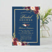 Elegante bordeauxrode bloemnavyblauwe bruidsdouche kaart (Staand voorkant)