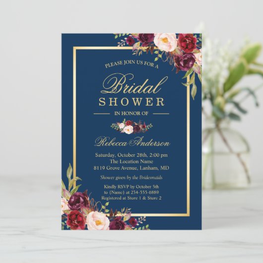 Elegante bordeauxrode bloemnavyblauwe bruidsdouche kaart (Staand voorkant)