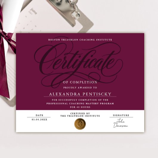 Elegante bordeauxrode certificaat van voltooiing poster