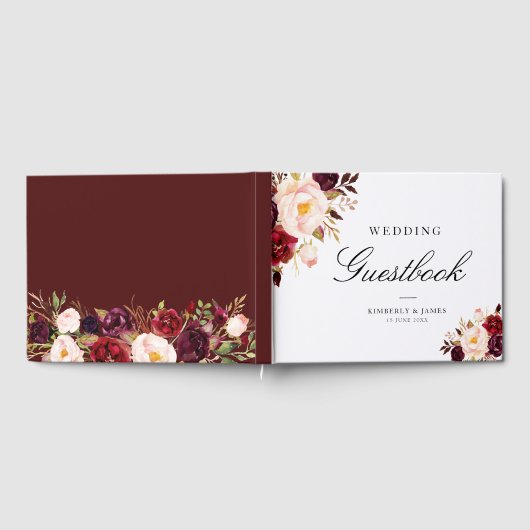 Elegante bordeauxrode en blozende bloemen bruiloft gastenboek (Volledig)