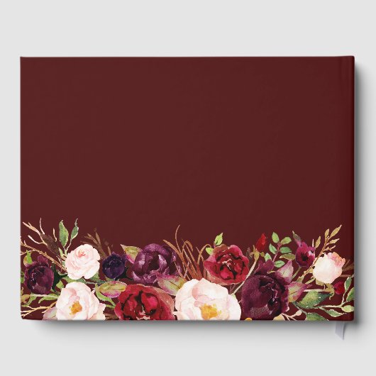 Elegante bordeauxrode en blozende bloemen bruiloft gastenboek (Achterkant)