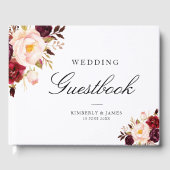 Elegante bordeauxrode en blozende bloemen bruiloft gastenboek (Voorkant)