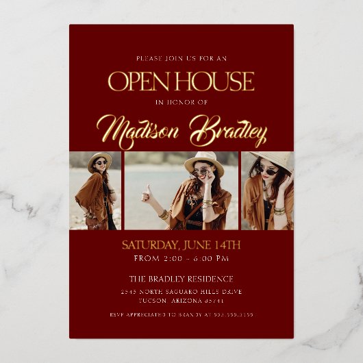 Elegante bordeauxrode en gouden afstudeeraankondig folie uitnodiging (Voorkant)