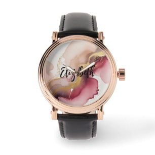 Elegante bordeauxrode en gouden aquarel kunst horloge