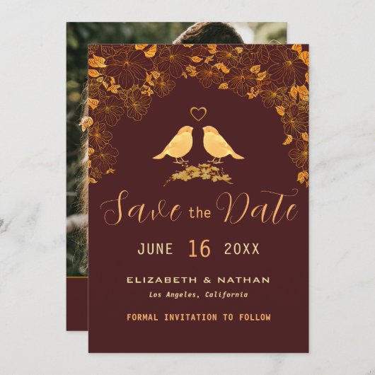 Elegante bordeauxrode en gouden bloem- en vogelpri save the date (Voorkant / Achterkant)
