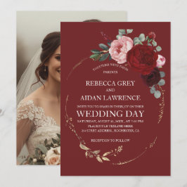 Elegante bordeauxrode en gouden bloemenfoto-overla kaart