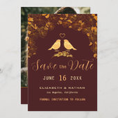 Elegante bordeauxrode en gouden bloemenvogels aang save the date (Voorkant / Achterkant)