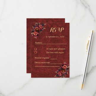 Elegante bordeauxrode en gouden bloemmotief RSVP kaartje