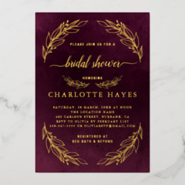 Elegante bordeauxrode en gouden bruidsshower folie uitnodiging