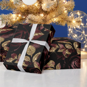 Elegante bordeauxrode en gouden roos bloempatroon cadeaupapier