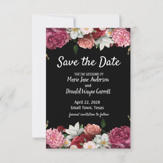 Elegante bordeauxrode en roze bloemen Save the Dat (Voorkant)