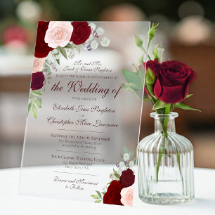 Elegante bordeauxrode en roze rozen formele bruilo acryl uitnodigingen