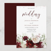 Elegante bordeauxrode en witte bloemige trouwkaart kaart (Voorkant / Achterkant)