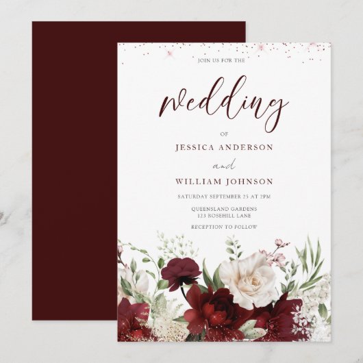 Elegante bordeauxrode en witte bloemige trouwkaart kaart (Voorkant / Achterkant)