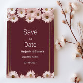 Elegante bordeauxrode gouden daisy Save the Date Kaart