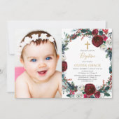 Elegante bordeauxrode gouden kerstdoop foto kaart (Voorkant)