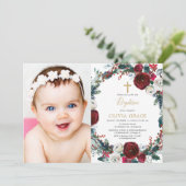 Elegante bordeauxrode gouden kerstdoop foto kaart (Staand voorkant)