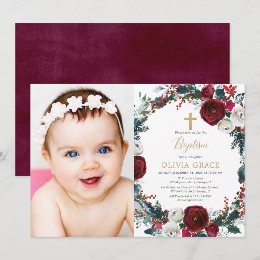 Elegante bordeauxrode gouden kerstdoop foto kaart (Voorkant / Achterkant)