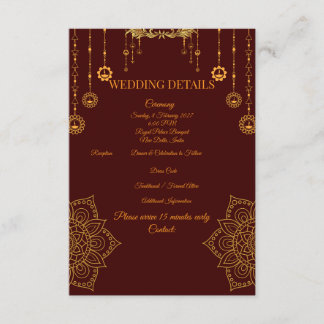 Elegante bordeauxrode & gouden trouwdetailkaart | informatiekaartje