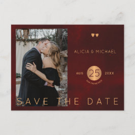 Elegante bordeauxrode gouden trouwfoto bewaar de d aankondigingskaart