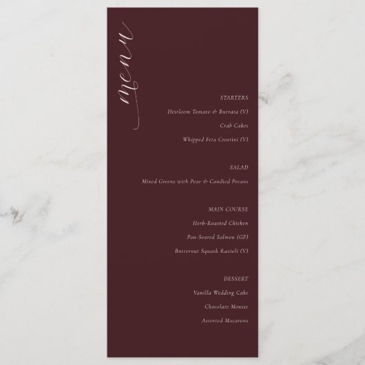 Elegante bordeauxrode minimalistische bruiloftsmen menu (Voorkant)