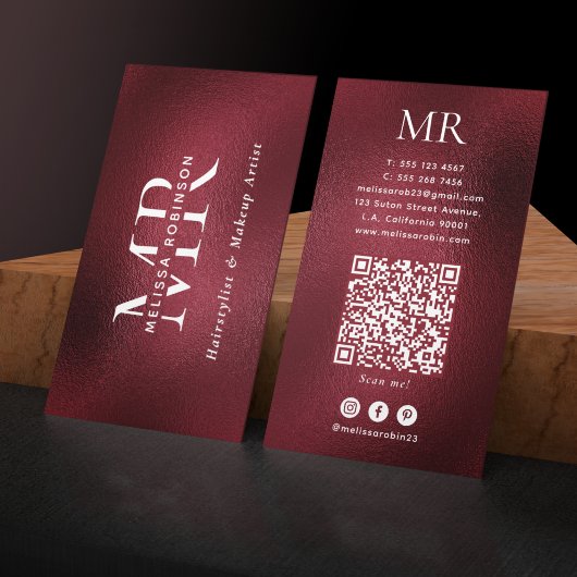 Elegante bordeauxrode monogram QR-code sociale med Visitekaartje