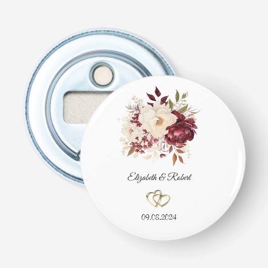 Elegante bordeauxrode witte bloemen button flesopener (Voorkant)
