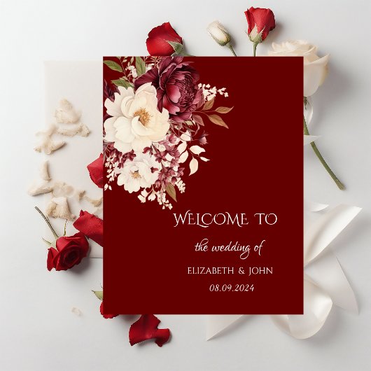 Elegante bordeauxrode witte bloemen poster