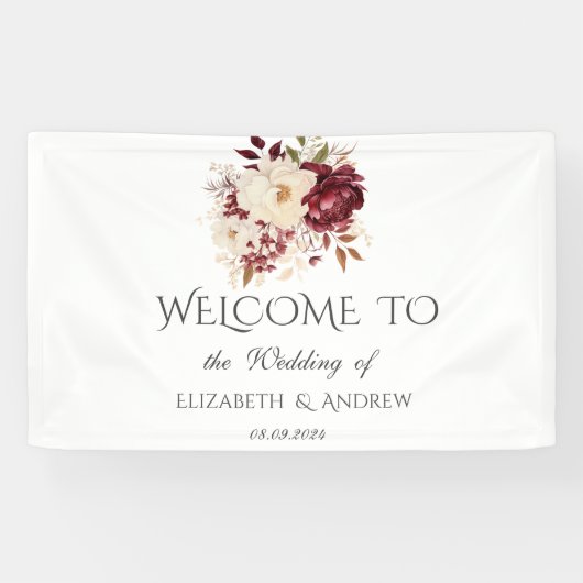 Elegante bordeauxrode witte bloemen spandoek (Horizontaal)