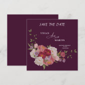 Elegante bordeauxrood bloemmotief monogram save th kaart (Voorkant / Achterkant)