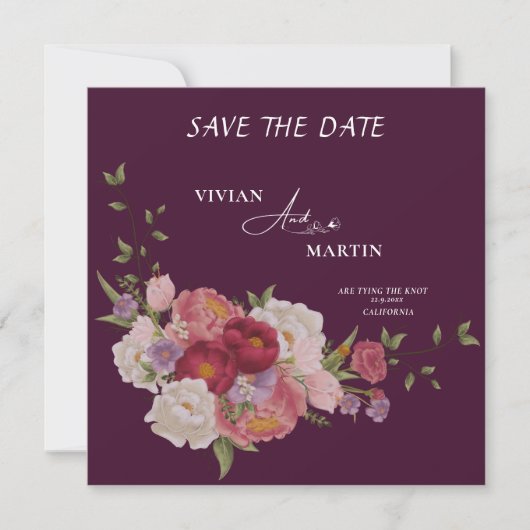 Elegante bordeauxrood bloemmotief monogram save th kaart (Voorkant)