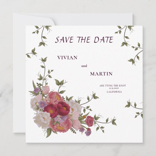Elegante bordeauxrood bloemmotief save the date kaart (Voorkant)