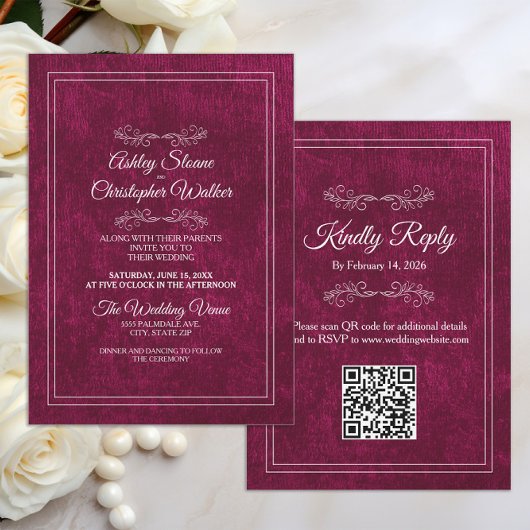 Elegante bordeauxrood fluwelen witte QR-code bruil Kaart