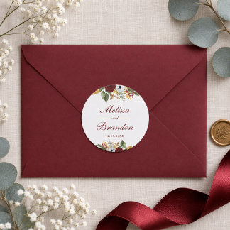 Elegante bordeauxrood & gouden bloemenscriptie bru ronde sticker