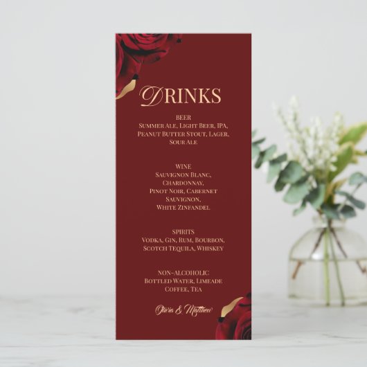 Elegante bordeauxrood gouden drankje menu (Staand voorkant)