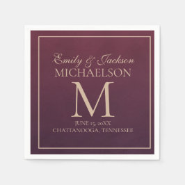 Elegante bordeauxrood gouden monogram trouw servet