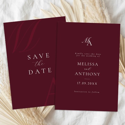 Elegante bordeauxrood monogram moderne trouw save the date