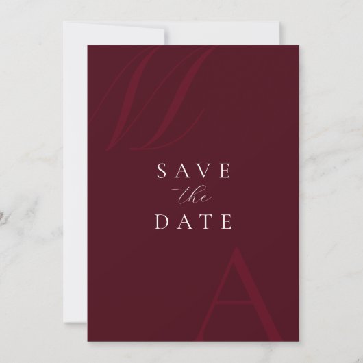Elegante bordeauxrood monogram moderne trouw save the date (Voorkant)