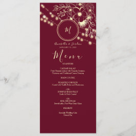 Elegante bordeauxrood monogram trouwmenu menu