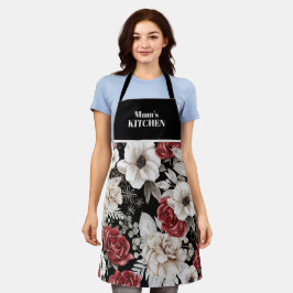 Elegante bordeauxroos zwart bloemmotief schort
