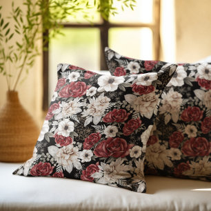 Elegante bordeauxroos zwart bloempatroon kussen