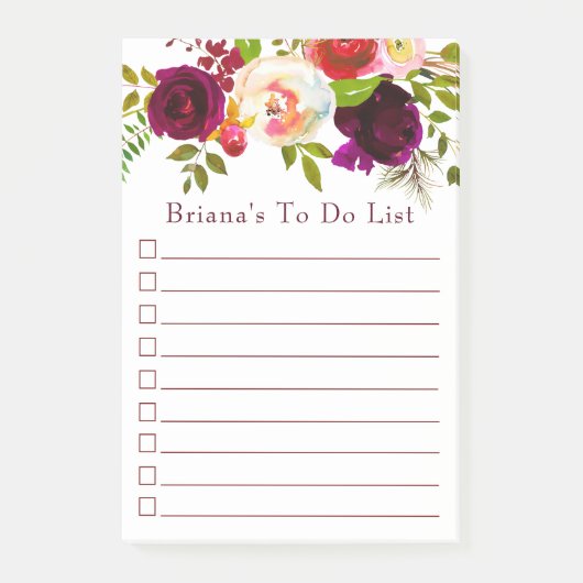 Elegante bordeauxroze bloem bruid takenlijst post-it® notes (Voorkant)