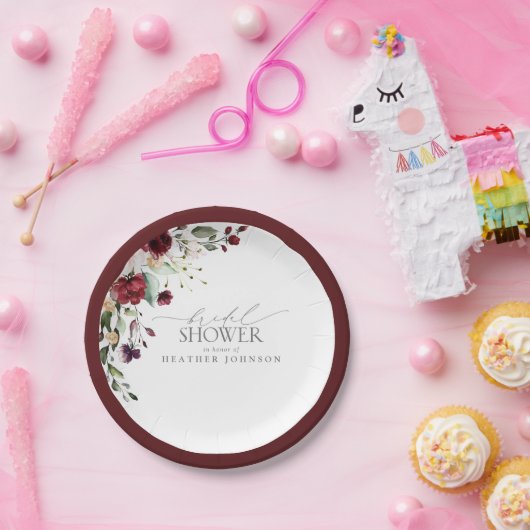 Elegante bordeauxroze bloemige waterverf bruidsdou papieren bordje