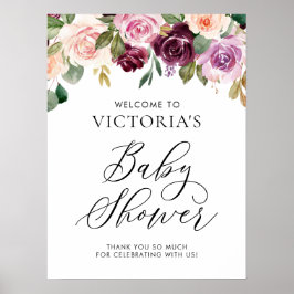 Elegante bordeauxroze herfst bloemige baby shower  poster