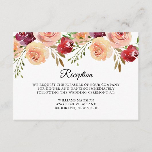 Elegante bordeauxroze perzik bloemengalerij avondr informatiekaartje (Voorkant)