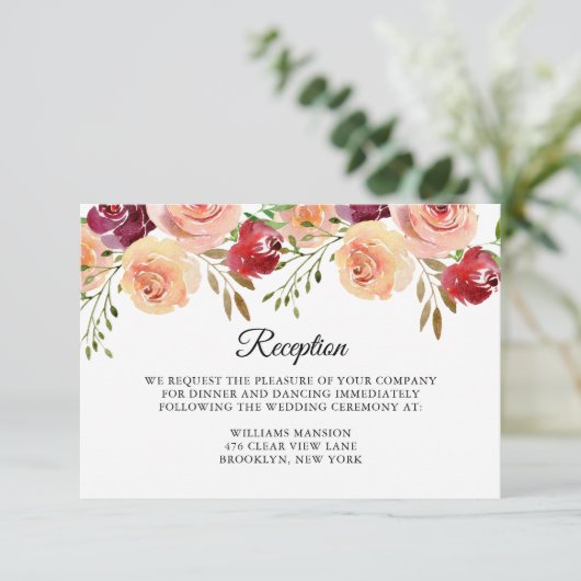 Elegante bordeauxroze perzik bloemengalerij avondr informatiekaartje (Staand voorkant)