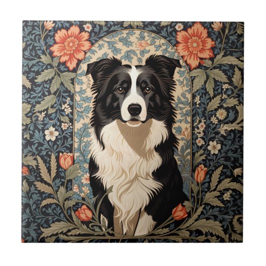 Elegante Border Collie William Morris Geïnspireerd Tegeltje (Voorkant)